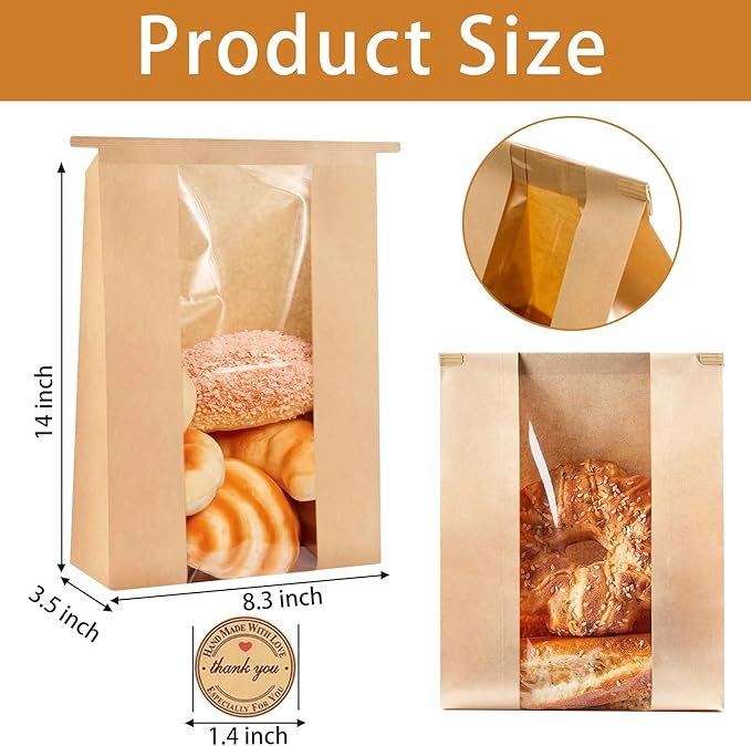 100 Pack Paper Bread Bags for Homemade Bread 14x8.3x3.5 Inches Sourdough Bags with Tin Tie Tab Lock Clear Front Window Large Kraft Bakery Bag, 100 PCS Sealing Stickers