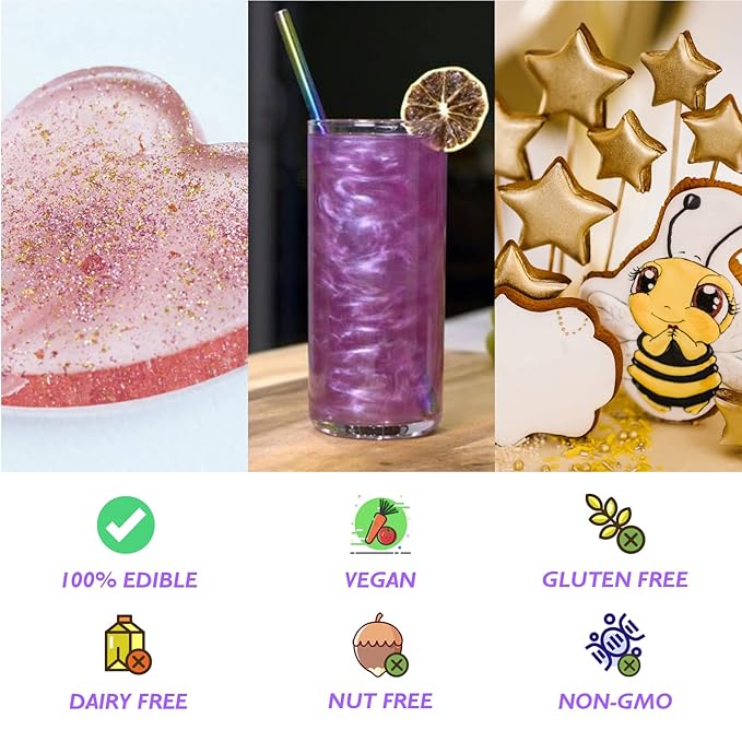 Edible Glitter - 10 Colors Luster Dust Edible Set for Drinks, Food Grade Edible Glitter Dust for Cake Decorating, Cocktail, Fondant, Strawberries, Candy, Christmas Cookie, Chocolate. Vegan and Gluten Free - 4g/bottle
