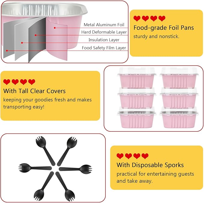 LNYZQUS 120pack/10oz Mini Cake Foil Pans with Lids, 4”x4” Large Cupcake Pan Disposable Ramekins,Small Brownie Baking Cups Square Muffin Tin Cheesecake Containers Holders-Pink