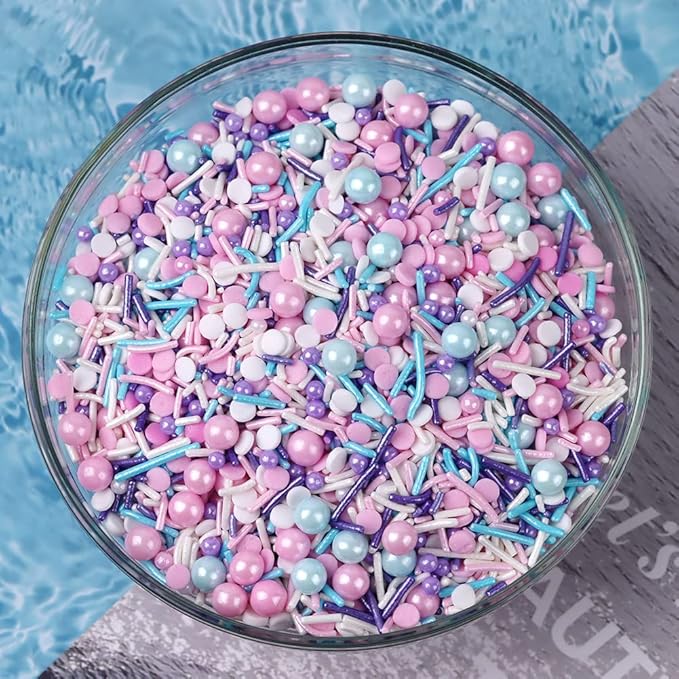 LEBERY 8.4 Oz Pastel Sprinkles, White Pink Purple Blue Sprinkles, Edible Cake Cupcake Sprinkle Edible Cake Pearls for Cake Decorating Mermaid Sprinkle Jimmies Mix for Baking Cookie Decoration