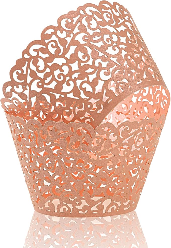 KPOSIYA Pack of 120 Cupcake Wrappers Artistic Bake Cake Paper Cups Vine Designed Laser Cut Cupcake Wraps Baking Cup Muffin Case Trays for Wedding Baby Shower Party Birthday Decoration (120, Pink)