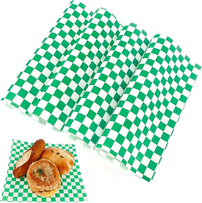 200 Pcs Wax Paper Sheets for Food Deli Wrap Paper Sheets 8.5x8.5"Food Basket Liners Checkered Square Sandwich Wraps for Burgers Bread Restaurant Barbecue Picnic(Green)
