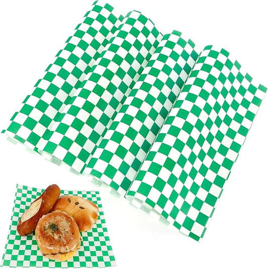 200 Pcs Wax Paper Sheets for Food Deli Wrap Paper Sheets 8.5x8.5"Food Basket Liners Checkered Square Sandwich Wraps for Burgers Bread Restaurant Barbecue Picnic(Green)