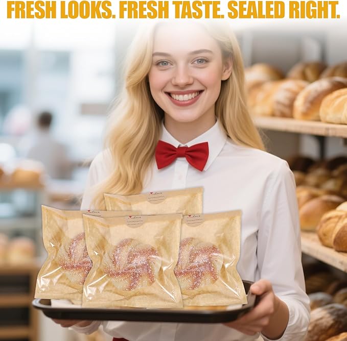200 Pack Cookie Bags with Seal, Kraft Bags with Window 7.5x7.1", Heat Sealable & Grease Resistant Sandwich Bag, Cookie Packaging with Stickers, Pastry Bag for Treat, Donut, Cake Slice, Scone, Brownie