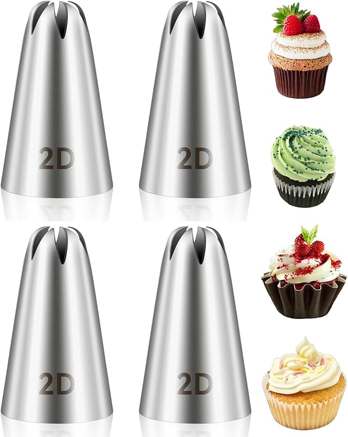 4 Pcs Sliver 2D Cake Piping Tips, Cake Decorating Kit,Stainless Steel Large Piping Tips Cake Decorating Tools, for Baking DIY Cupcake Cookie Birthday Cake Cream Decorating