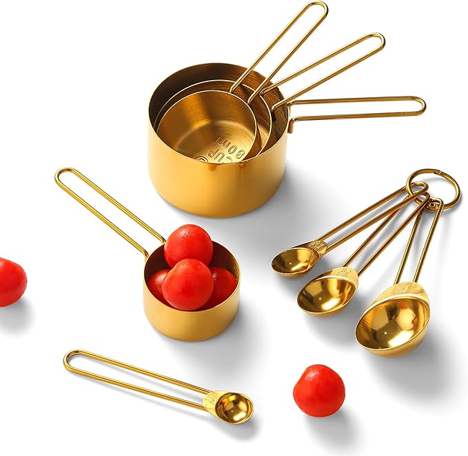 Gold Stainless Steel Measuring Cups and Spoons Set, Engrave Measurements, Dishwasher Safe, Durable Kitchen Set