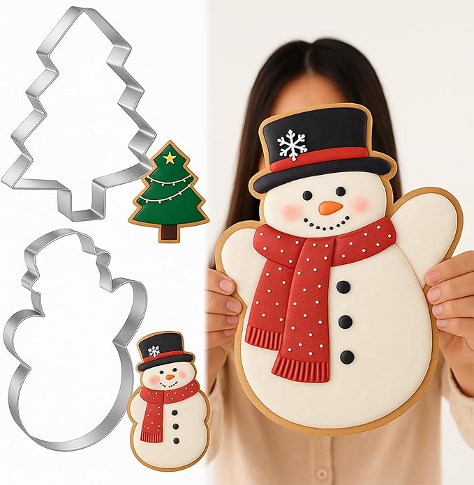 2 Pcs Large Christmas Cookie Cutters 8" Extra Large Christmas Tree and Snowman Stainless Steel Giant Cookie Cutter for Xmas Holiday Baking