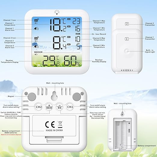 Wireless Freezer Alarm with Remote Temperature Sensor, 330FT Range Digital Thermometer, Backlit Display, 24H Max/Min for Refrigerator, Fridge, Deep Freezer Monitoring to Prevent Food Spoilage