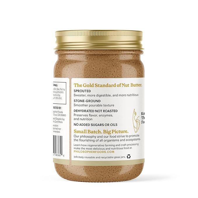 Philosopher Foods - Naked Creamy Organic Sprouted Almond Butter - 16 oz - Stone Ground Regenerative Organic Creamy Almond Nut Butter No Sugar Added