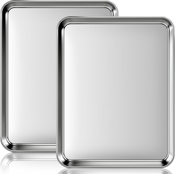 Stainless Steel Baking Sheet Set, 2 Pcs Quarter Cookie Sheet Pan Baking Trays for Oven, Non Stick and Heavy Duty and Easy Clean, 12.4 x 9.6 x 1 Inch