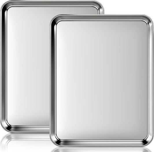 Stainless Steel Baking Sheet Set, 2 Pcs Quarter Cookie Sheet Pan Baking Trays for Oven, Non Stick and Heavy Duty and Easy Clean, 12.4 x 9.6 x 1 Inch