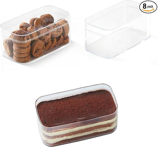 Plastic Rectangle Dessert Cups Boxes with Lids and Sporks,packaging for baked,Cookie Tiramisu Containers for Fruit,Pudding,Mousse,Parfait Cups With Lids(8, Rect 4.6 * 2.4 * 2 IN-Boxes)