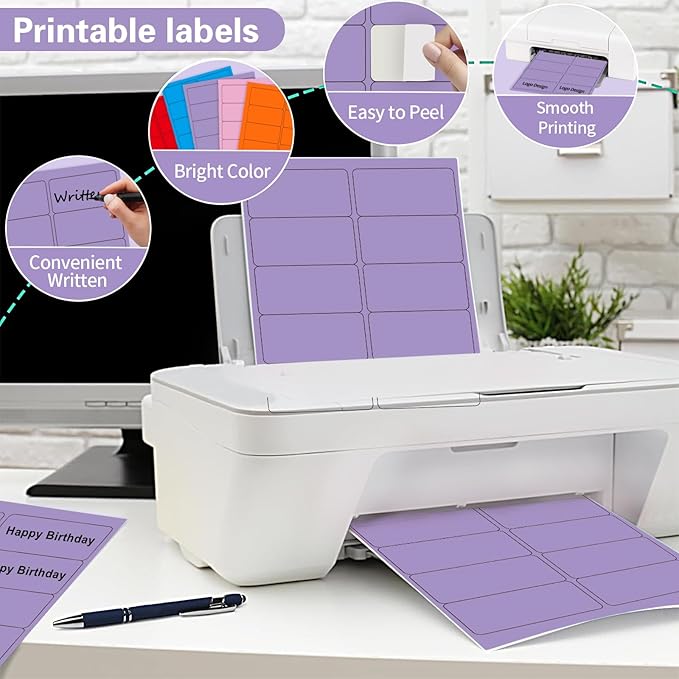 2" x 4" Colored Address Labels, 200 Bright Purple Label Stickers- Laser/Ink Jet Printer Mailing Labels, 8.5"x11" 20 per Sheet