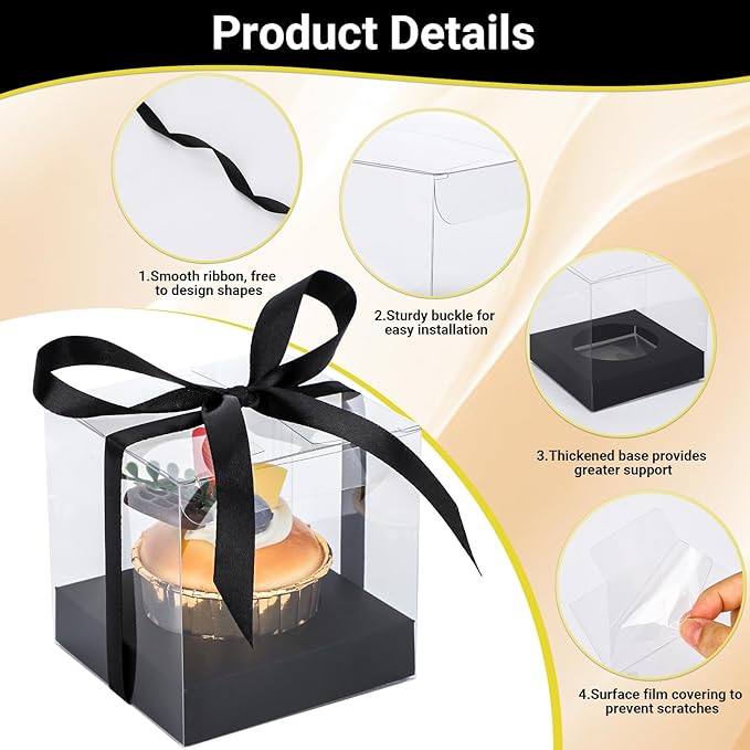 EUSOAR Clear Cupcake Boxes, 12pcs 3.5 Inch Plastic Individual Cupcake Containers Holder Storage for Cake, Single Transparent Cupcake Carrier with Ribbon and Inserts for Wedding Party-Black