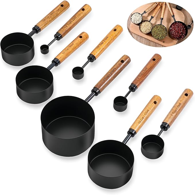 SHENLIU 8 Pcs Measuring Cups and Spoons Set, Black Stainless Steel Measuring Cups with Wooden Handle, Metal Measurings Spoons Set Nesting Kitchen Measure for Kitchen Baking