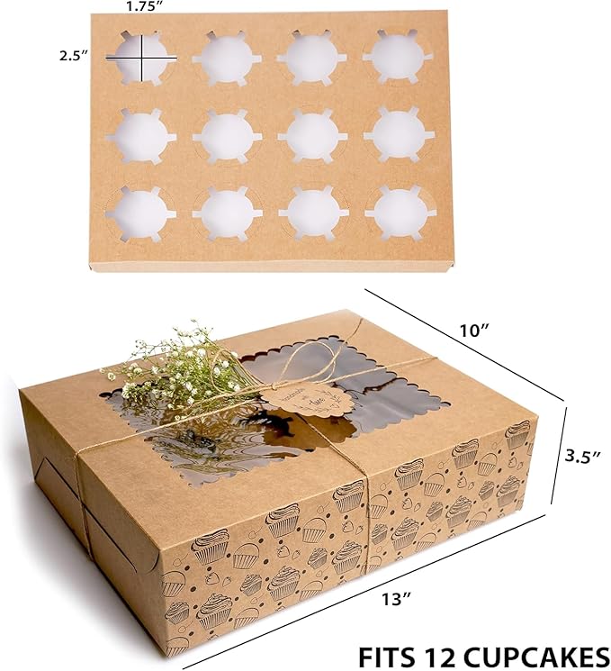 20-Pack Cupcake Boxes Bulk, Cupcake Holder with Lid, Disposable Cupcake Containers,Food Grade Kraft Bakery Boxes with Window to Fit 12 Cupcakes, Cookies,Muffins,Pastry, Long Treats