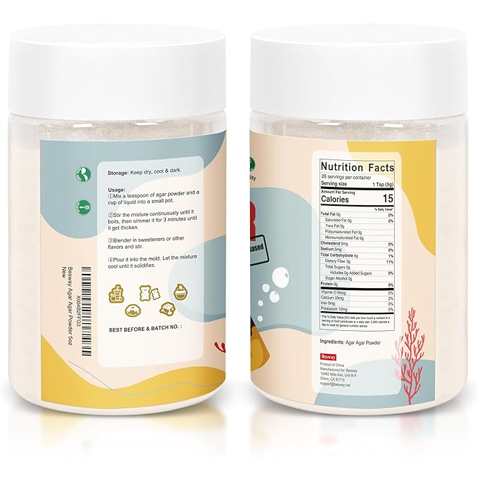 Besway Agar Agar Powder 5 oz, 100% Natural Red Algae, Gelatin Substitute, Vegan Halal Gluten-free, Non-GMO, Sugar-free, Unflavored Plant-based for Cooking Baking, Product of China