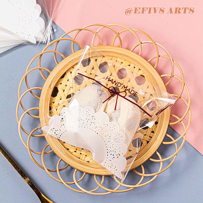 200pcs 5.5x5.5in Lovely Lace Bowknot Clear Biscuit Roasting Treat Present DIY Plastic Candy Individual Wrappers Self Adhesive OPP Cookie Bakery Decorating Favor Bags