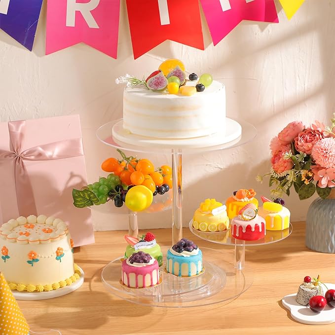 Tiered Cupcake Display Stand Rotatable Cake and Cupcake Tower Stand Combo Clear Acrylic Cake Holder with Tiered Tray for Dessert Pastry Birthday Wedding Party Table(4 Tire and Round)