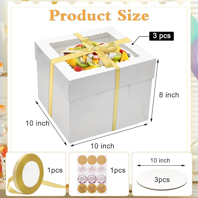 3 Pack Cake Boxes(10x10x8 Inches),White Bakery Boxes with Window,cardboard cake boxes,Cake Boards Decorating Supplies for Birthday,Mother's Day,Wedding,Party,Gift Giving,Cake Box 10 inch
