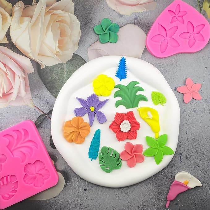 8Pcs Tropical Flowers Leaves Mold, Flower Silicone Chocolate Mold Plumeria Hibiscus Flower Monstera Palm Leaves Fondant Molds for Chocolate Candy Gum Paste Hawaiian Party Baking Cakes Decorating