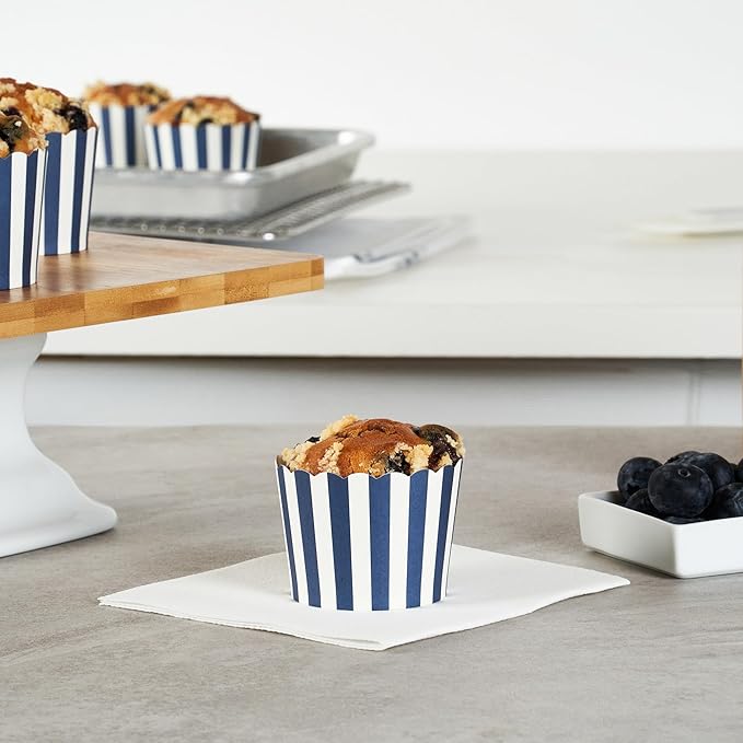 Panificio 3 Ounce Cupcake Wrappers, 200 Scalloped Baking Cups - Oven-Ready, Greaseproof, Blue Striped Paper Cupcake Liners, Disposable, For Birthdays, Baby Showers, Or Weddings - Restaurantware