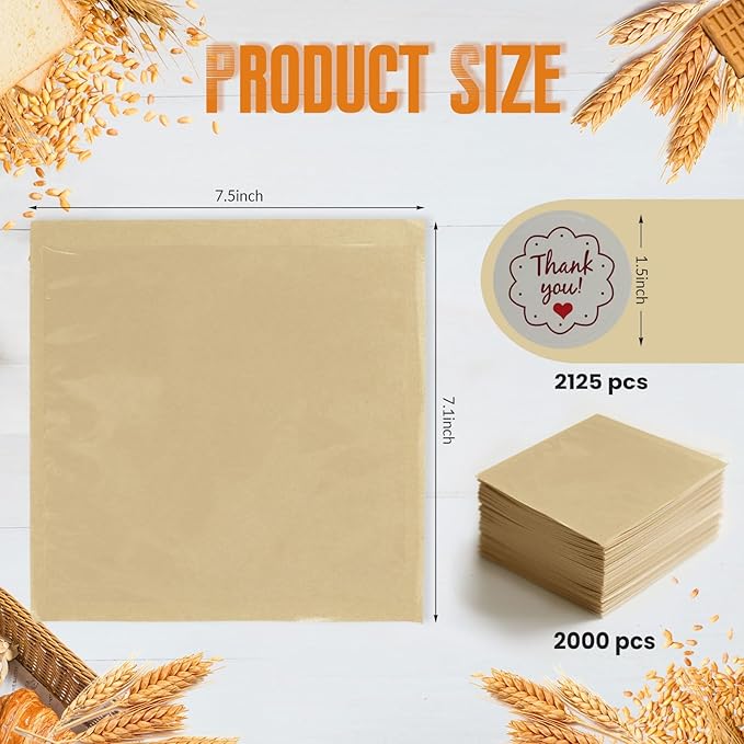 2000 Pcs Cookie Packaging Bags with Seal, 7.1''x7.5'' Paper Bakery Bags with Window, Heat Sealable & Grease Resistant To Go Bake Sale Sleeves for Gift Giving, Donut, Bread, Sandwich