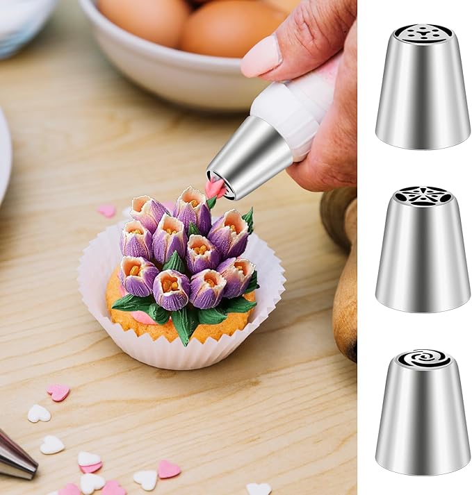 7 Pcs Piping Tips Round Hole Cake Frosting Nozzles Set Stainless Steel Cupcake Decorating Tool Russian Pastry Icing Dispensers for Baking Cookies Puff Cream Bag Filler (Russian medium)