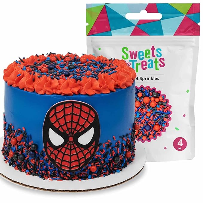 Spiderman Sprinkles for Cake, Cookie, Cupcake Decorating, and Baking - Fancy Edible Spiderman Cake Decorations Sprinkles and Toppings in Red, Blue, and Black Jimmies, Nonpareils, Sugar Pearl