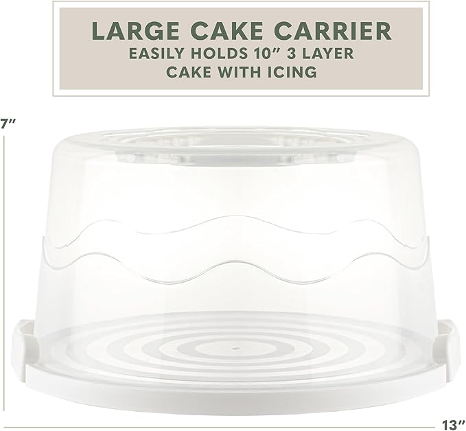 EXTRA LARGE & EXTRA STURDY Cake Carrier, Cake Stand with Lid and Foldable Handles - Multifunctional Serving Platter and Cake Plate - Cake Container with Dome and Strong Snaps 13 x 13 x 7 inch (White)