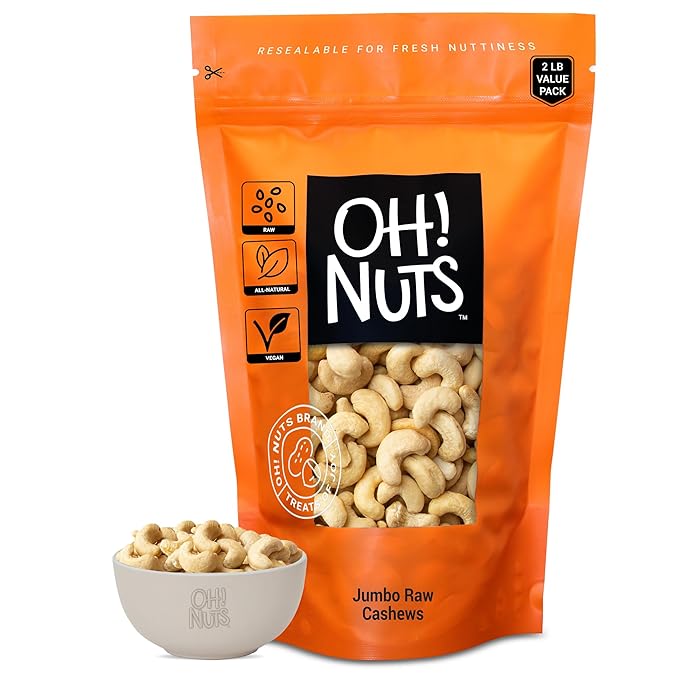 Oh! Nuts Raw Whole Unsalted Cashews - Raw - 100% Natural - 2 lb - Jumbo Cashews - Packed in New York Zip-Seal Bag for Exceptional Freshness