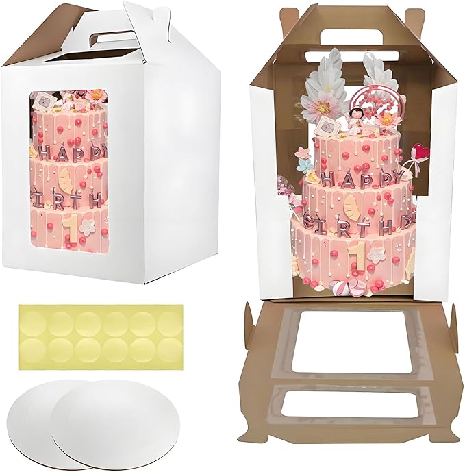 Cake Boxes - 2 Pack Tall Cake Box 12x12x14 Inch Disposable Layer Carrier with Window Large Tierd Cake Out Transport Containers with Handle for Wedding, Birthday, Party (White)
