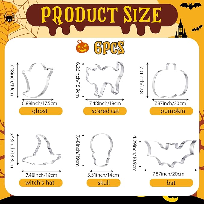 6 Pcs Large Halloween Cookie Cutters 8" Stainless Steel Metal Halloween Baking Cookie Molds for Holiday, Ghost, Bat, Pumpkin, Witch's Hat, Scared Cat, Skull