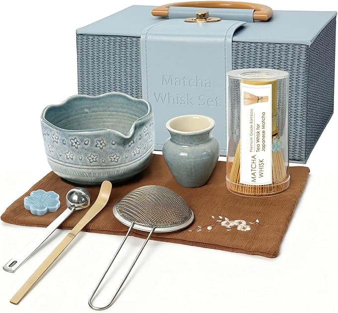 8Pcs Matcha Whisk Set, Matcha Set Includes Ceramic Matcha Bowl, Whisk and Holder, Bamboo Scoop, Scoop Rest, Sifter, Measuring Spoons and Tea Towel Tea Kit Gift Set for Women (Blue)