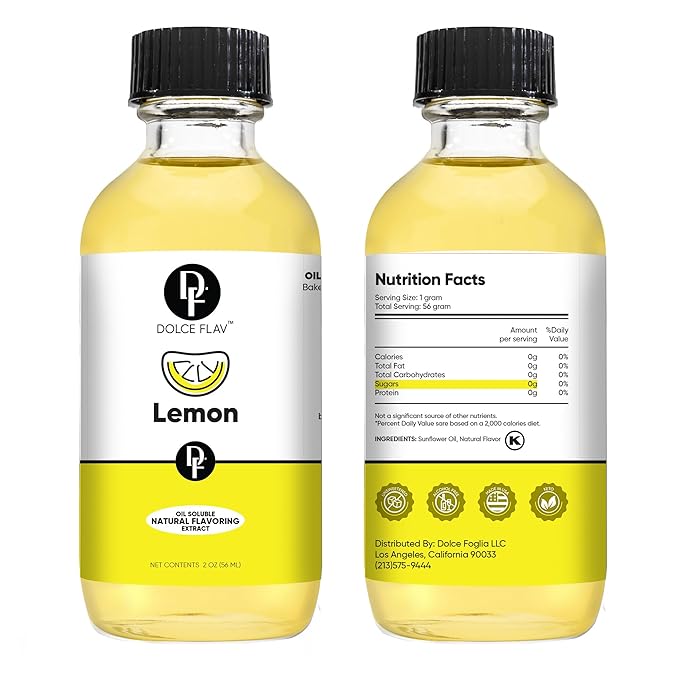 Dolce Flav Natural Lemon Extract – 2 Ounce Oil-Soluble Kosher, Sugar-Free, Concentrated Fresh Citrus Lemon Flavor for Baking, Chocolates & Desserts, Includes Measured Dropper, Pack of 2