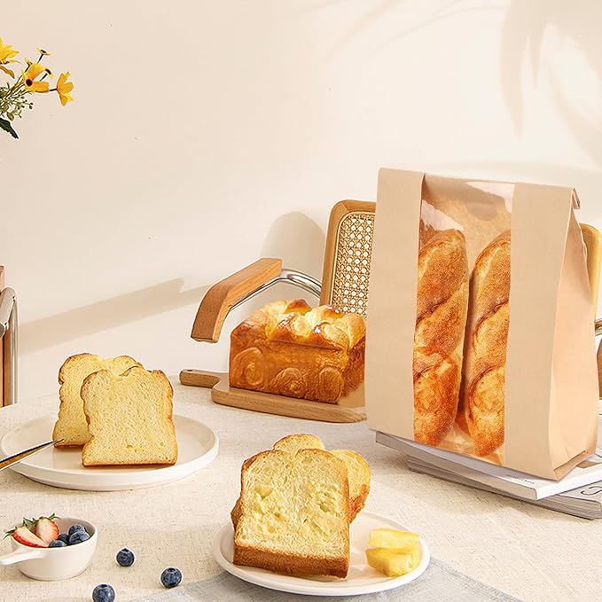 50 Pieces Brown Bakery Bags with Window Paper Bread Loaf Bags Kraft Food Packaging Storage Bakery Bags with Free Stickers
