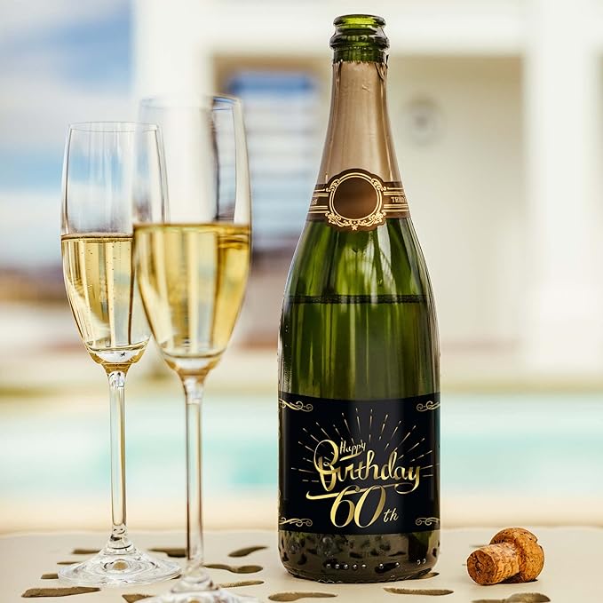 2-Pack Birthday Bottle Labels, Self-Adhesive “HappyBirthday” Stickers for Champagne & Wine Bottles, Fun Gift Idea for Men & Women, 5.8 x 4.1 in (60th Birthday)