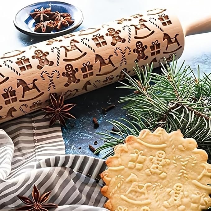 Christmas Wooden Embossing Rolling Pin - Engraved Snowflake Flower Design, Cookie Stamps Roller for Embossed Cookies, Cute Kitchen Decor DIY Baking Tool for Kids and Adults (Gingerbread Man)