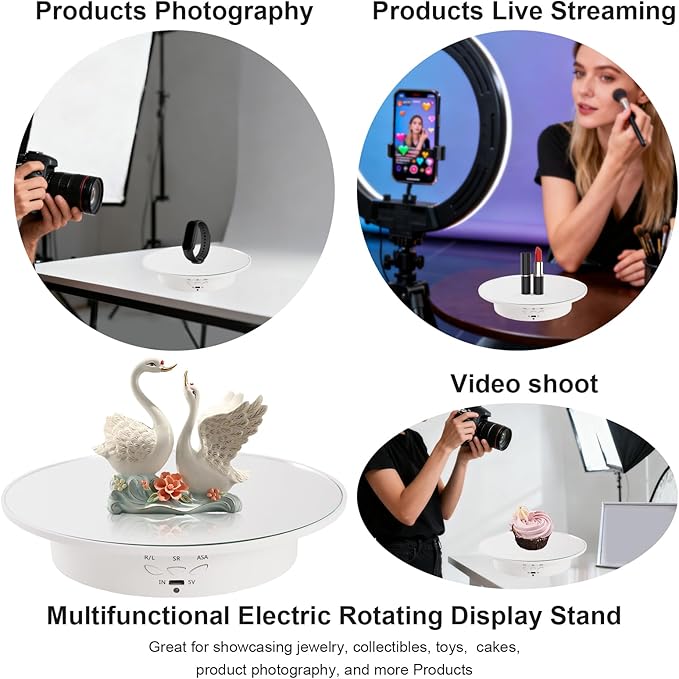 7.87'' Rotating Display Stand Motorized Rotating Display Stand, 22 lbs Load Electric Turntable with Mirror Cover, Lazy Susan Showcase with USB for Jewelry Photography 3D Model Cake, White
