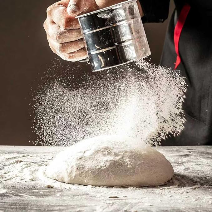 Flour Sifter,Upgraded 3-Cup Flour Sifter for Baking, One-Hand Press 3-in-1 Sifter with Double-Layer Fine Mesh, Stainless Steel Flour Sieve Baker for Quick Sifting and Super Smooth Dough Dusting
