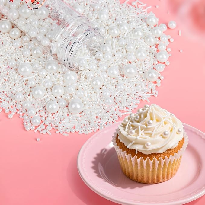 Christmas Edible White Sprinkles for Cake Decorating,Edible Pearl Jimmies Sugar Mix Size 130g/4.58oz,Baking Candy Decorations,Cupcake Toppers,Cookie Donuts Ice Cream Dessert Decorating,Wedding Birthday Party Valentines Christmas Supplies