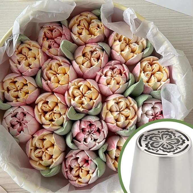 Extra Large Russian Piping Tip Set - 6 Stainless Steel Marshmallow Buttercream Framing Nozzles for 3D Roses Tulip Cake Decorations and Marshmallow Bouquets, Includes 1 Cleaning Brush(6B)