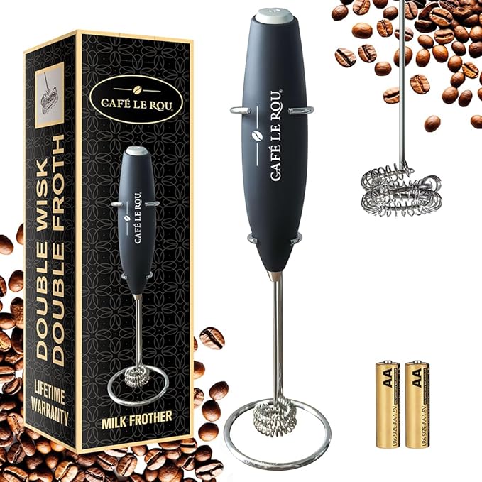Cafe le Rou Milk Frother Handheld Battery Operated -* DOUBLE WHISK * with Stand. Batteries included. Electric Foam Maker, Drink Mixer with Stainless Steel Whisk