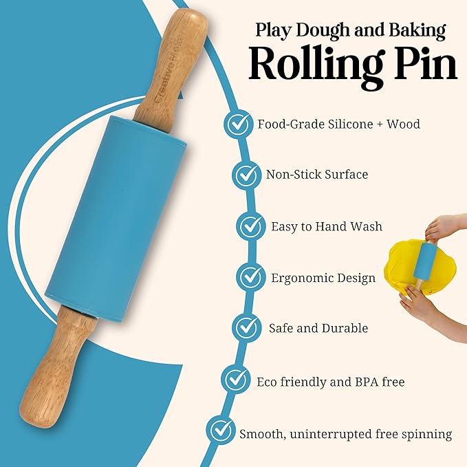 Small Rolling Pin for Kids, Non-Stick Silicone Surface with Wooden Handles for Play Dough and Baking Rolling Pin (Sky Blue)