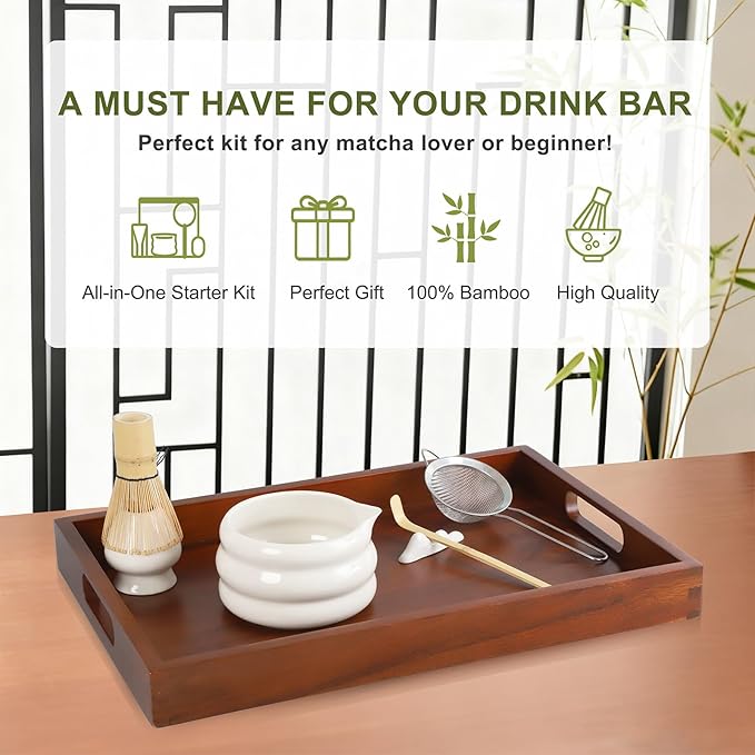 White Matcha Whisk Set, Ceramic Matcha Kit Set Includes Matcha Bowl, Matcha Whisk and Holder, Bamboo Scoop, Scoop Rest, Sifter and Tea Towel - 7 Pcs Matcha Kit for Matcha Lovers