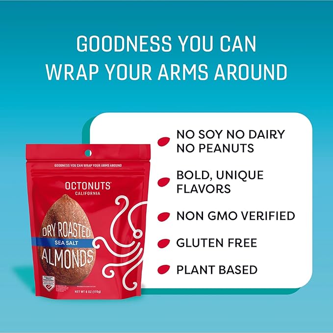 Octonuts Dry Roasted Sea Salt Almonds – 16oz Resealable Bag - Healthy Snack for Adults and Kids - Plant Protein with Fiber, Calcium & Iron - Low Carb, Low Calorie - Non-GMO, Gluten Free Snacks