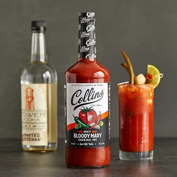Collins Spicy Bloody Mary Mix, Brunch Cocktail Recipe, Bartender Mixer, Drinking Gifts, Home Cocktail bar, Set of 6 32 fl oz Bottles