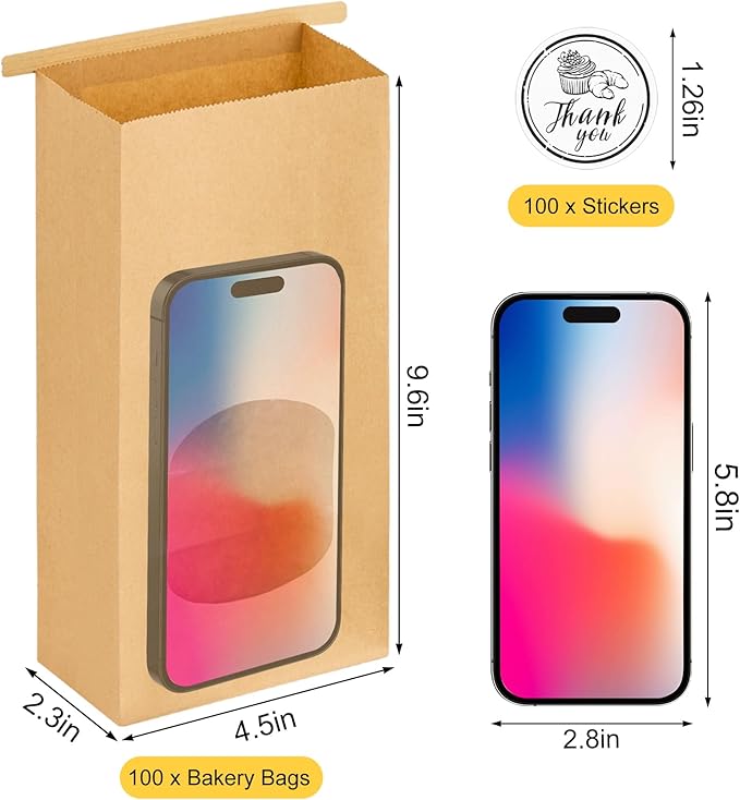 Ocmoiy 100Pcs Medium Bakery Cookie Bags with Window, 4.5x2.36x9.6 Inch Tin Tie Tab Lock Kraft Paper Bags with Thank You Stickers for Cookie, Coffee, Bread