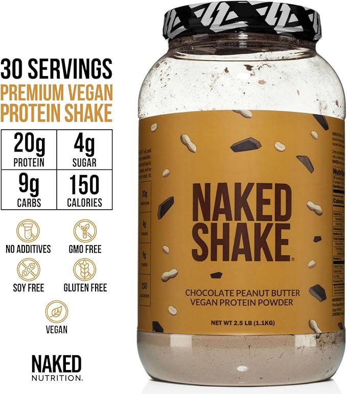 Naked Shake - Chocolate Peanut Butter Protein Powder - Vegan Protein Powder from US & Canadian Farms with MCT Oil, Gluten-Free, Soy-Free, No GMOs or Artificial Sweeteners - 30 Servings
