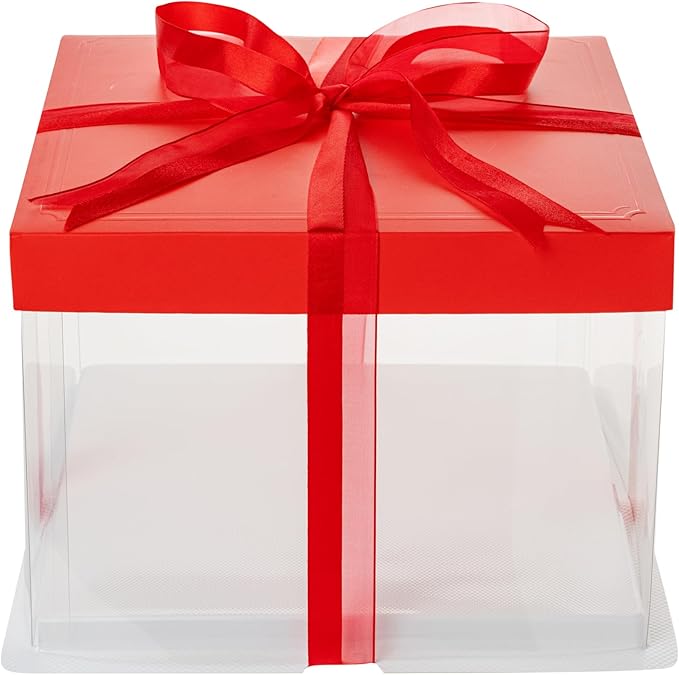 Restaurantware Sweet Vision 8.5 Inch x 6.75 Inch Transparent Cake Boxes 10 Grease Resistant Base Clear Cake Boxes - Red Lid Red Ribbon Plastic Birthday Cake Boxes For Weddings Or Birthdays